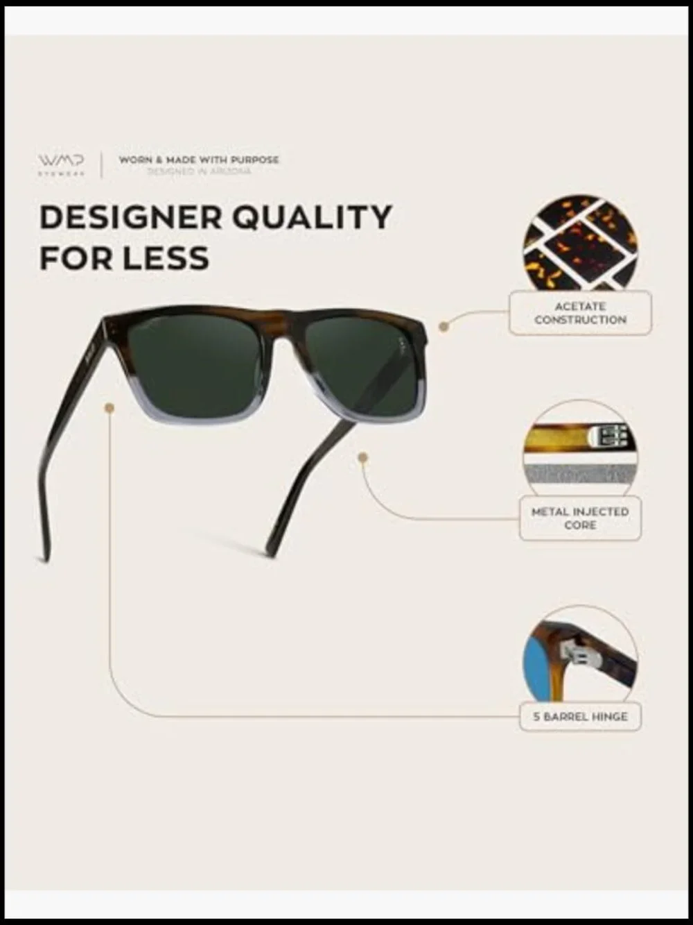 Modern Square Sunglasses for Men, Lightweight Acetate, Polarized Lenses